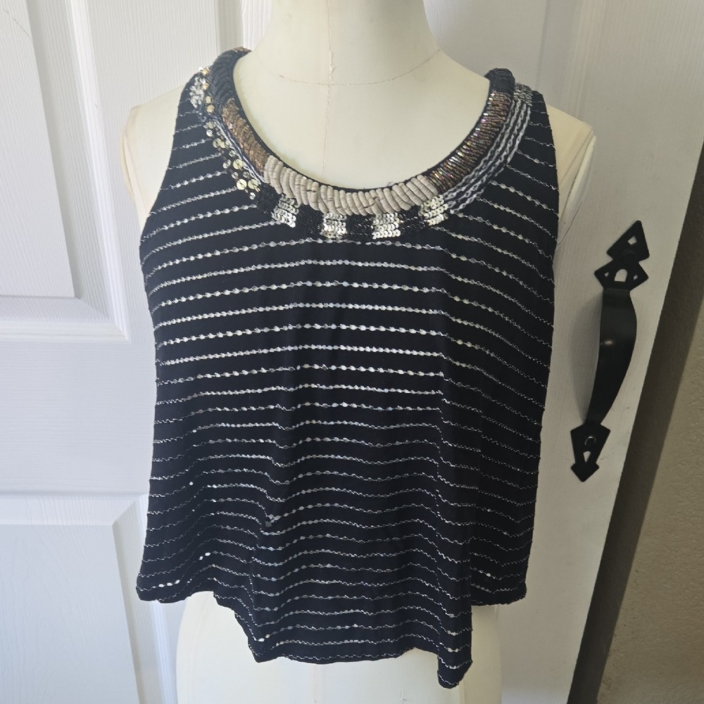 Free People Black Silver Striped Beaded Neckline Split Back Crop Top Sleeveless